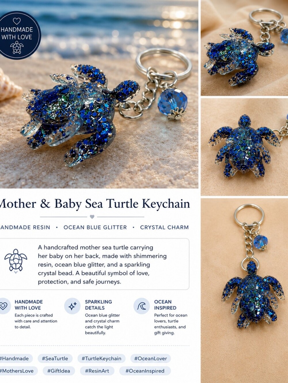 Blue Glitter Turtle Keychain with Bead Charm